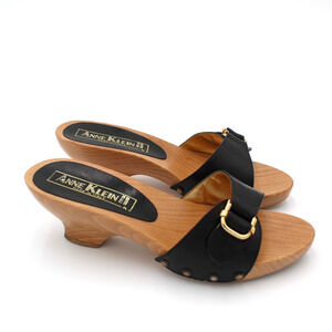 Anne Klein Y2K Wood Chunky Clog Womens 7.5 Black Sandal Slip On Buckle Italy